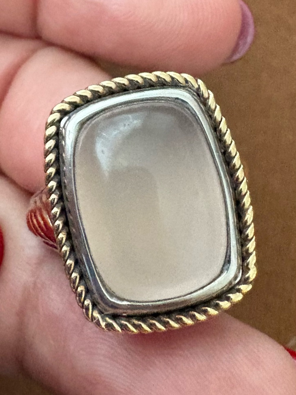 18k gold, 970 silver Lorenzo Ring- size 7- Gold-Tone Rope Trim Moonstone Ring